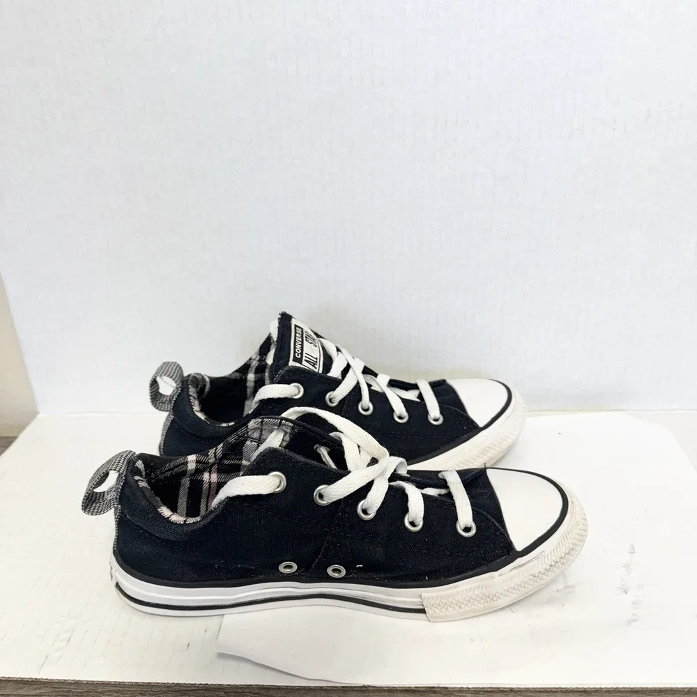 Youth Converse All Star Black With‎ Pink Plaid Trim Sneaker 3 US